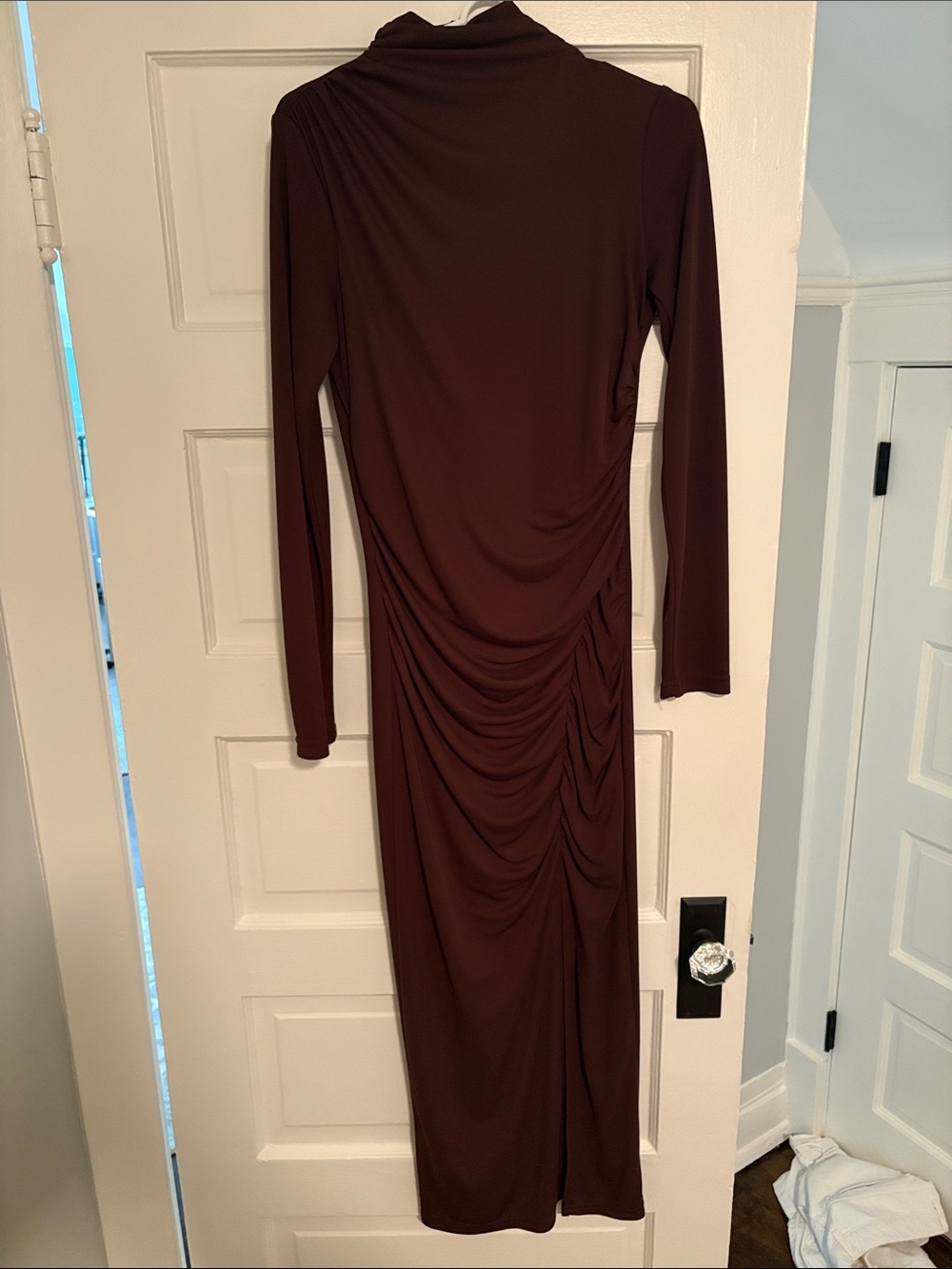Ruched Long Sleeve Maxi Dress in Brown Like New